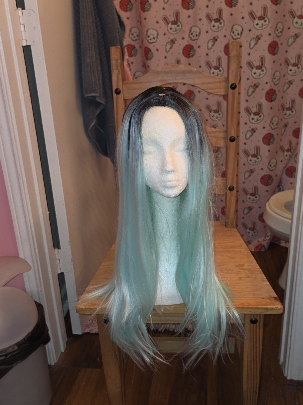 Long Ombre Synthetic Wig with Dark Roots to Aqua